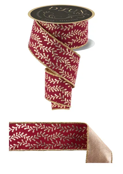 Foil Leaf Garland Ribbon WINE/GOLD 2.5" 10 yards