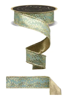 Foil Leaf Garland Ribbon SAGE GREEN/GOLD 1.5" 10 yards