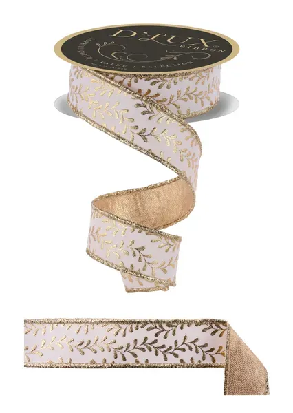 Foil Leaf Garland Ribbon IVORY/GOLD 1.5" 10 yards