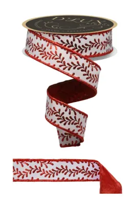 Foil Leaf Garland Ribbon WHITE/RED 1.5" 10 yards