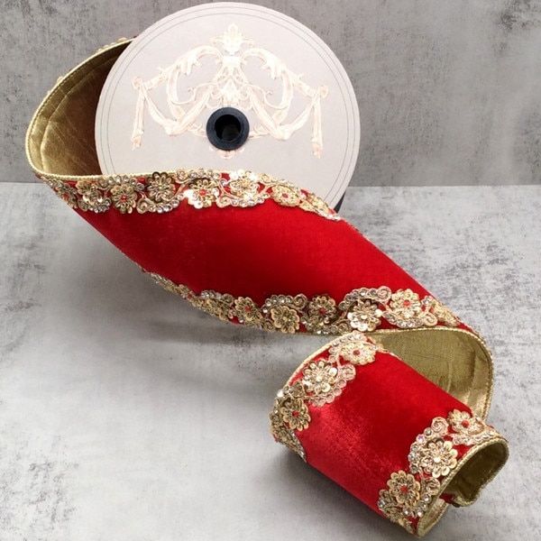4" x 5yds velvet gold jewel floral side trim, red