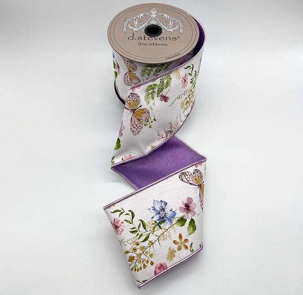 4" x 10yds taffeta spring floral garden butterflies, green lavender blue