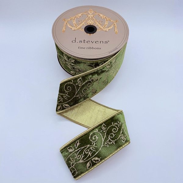 2.5" X 10 Yds Velvet Gold Locust Leaves Scroll Glitter, Moss Green