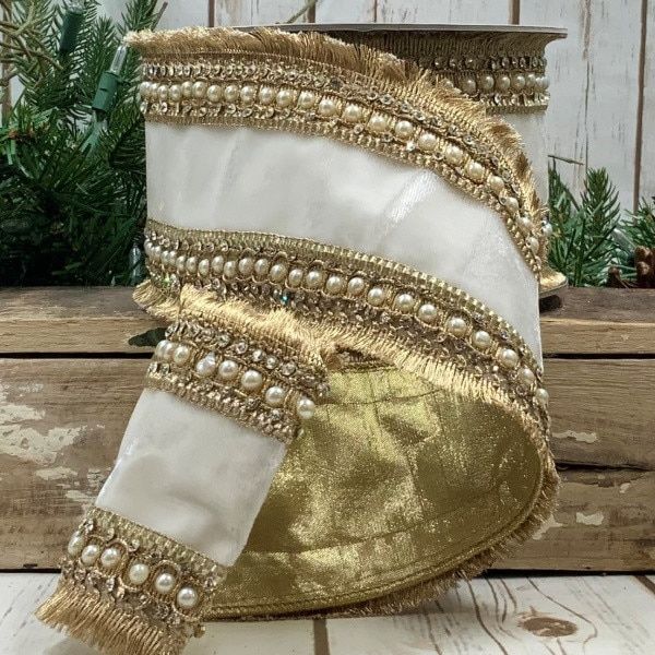 Velvet Fringe Jewel Pearl Trim, winter white
