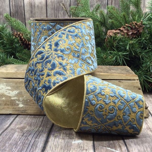 4" x 10yds velvet glitter treillage, dusty blue