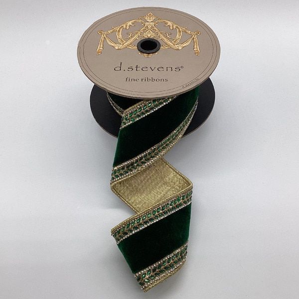 2.5" X 5 Yds Velvet Clear Crystal Jewel Side Trim, Emerald Green