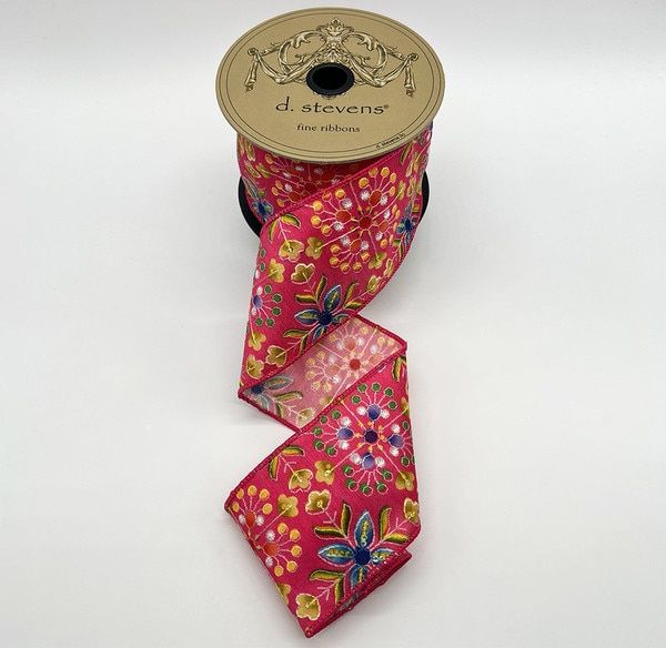 3" x 10yds poplin geo floral embroidery sequin, hot pink