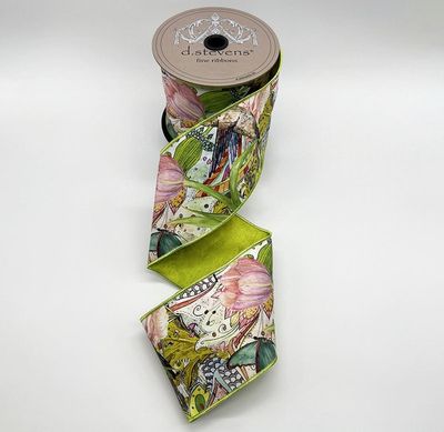 4" x 10yds taffeta spring collage floral butterfly bird lime back, pink aqua blue