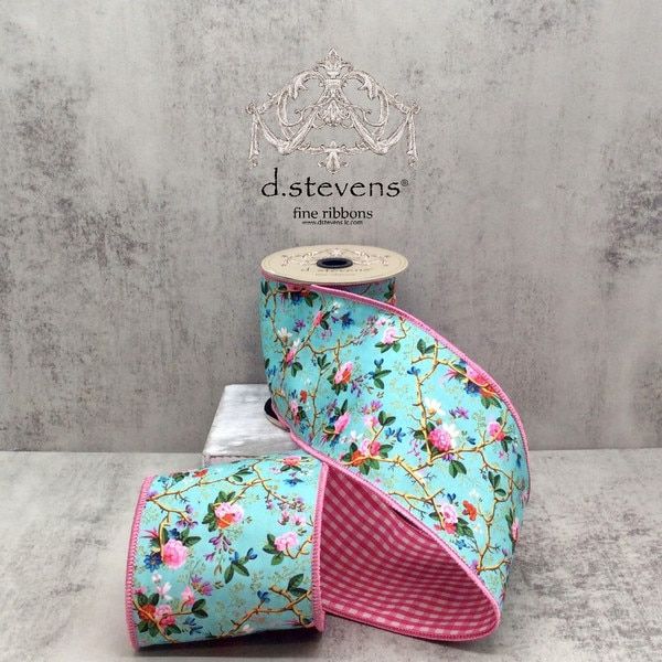 4" x 5yds poplin mix floral branches, light blue pink lavender