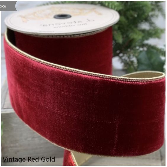 4" x 10yds VP lush velvet metallic light gold back, vintage red