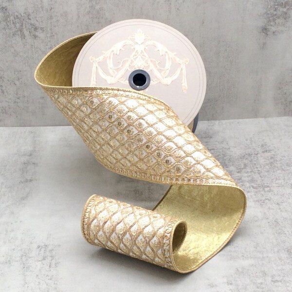 4.5" x 10yds dupion bourges gold sequin bullion trim, winter white