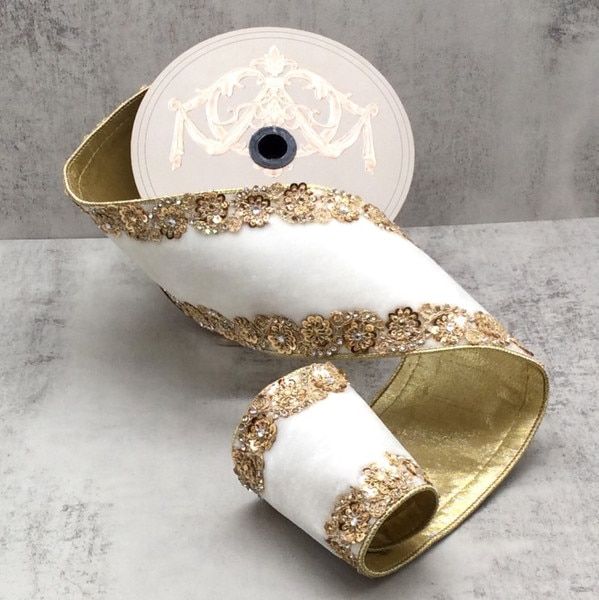 4" x 5yds velvet gold jewel floral side trim, white