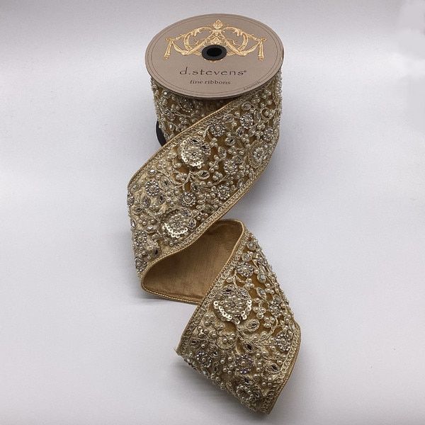 4" X 5 Yds Ice Velvet Sequin Pearl Floral Embroidery, Gold