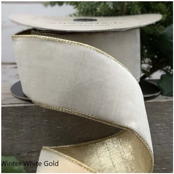 2.5" x 10yds lush velvet metallic light gold back, winter white