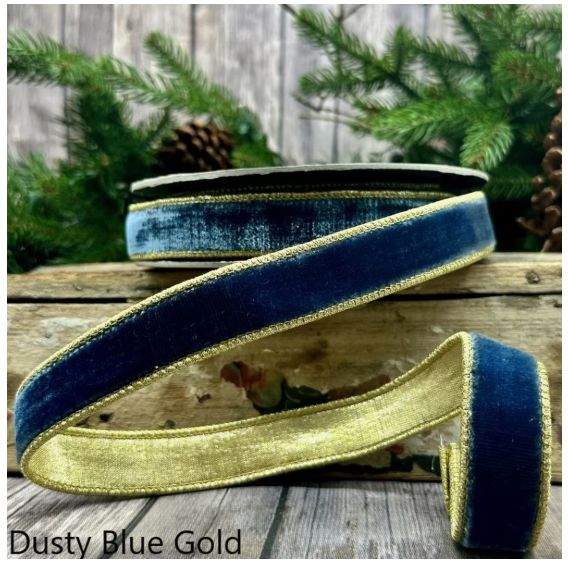 1" x 10yds lush velvet metallic light gold back, dusty blue