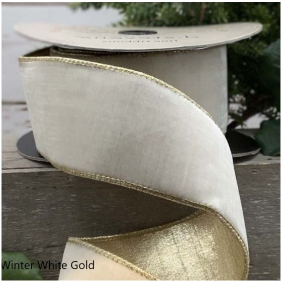 1" x 10yds lush velvet metallic light gold back, winter white