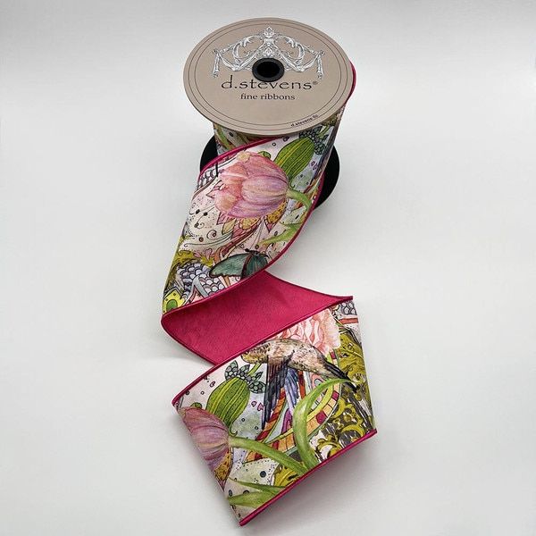 4" x 10yds taffeta collage floral butterfly bird hot pink back, lime aqua blue