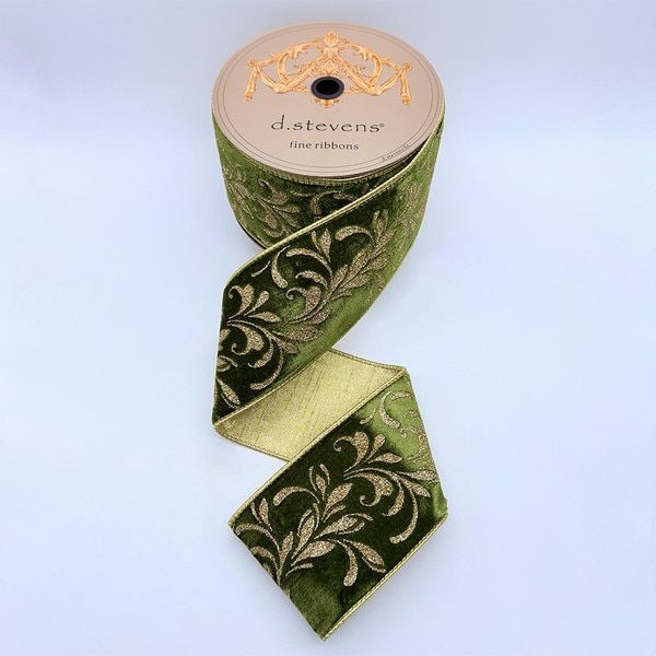 4" x 10yds velvet gold angel's trumpet glitter, moss green