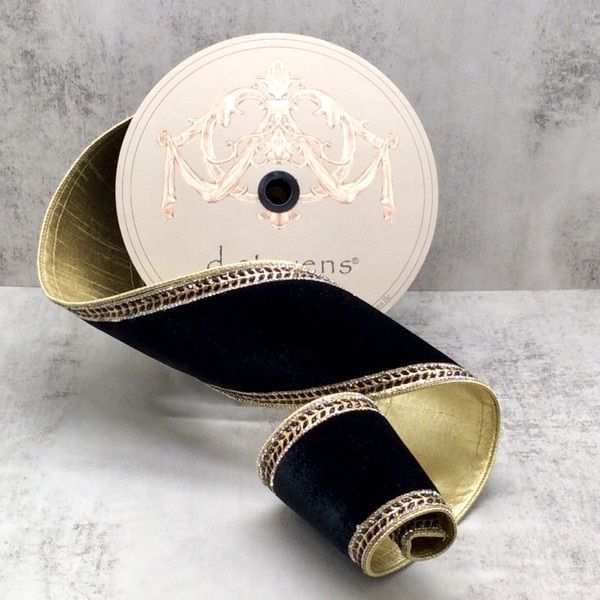 4" x 5yds velvet black crystal jewel side trim, black gold