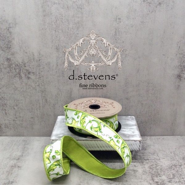 1.5" x 10yds taffeta acanthus scroll chinoiserie, lime white