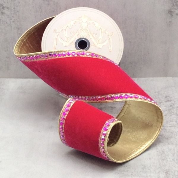 4" x 5yds velvet matching jewel side trim gold back, hot pink