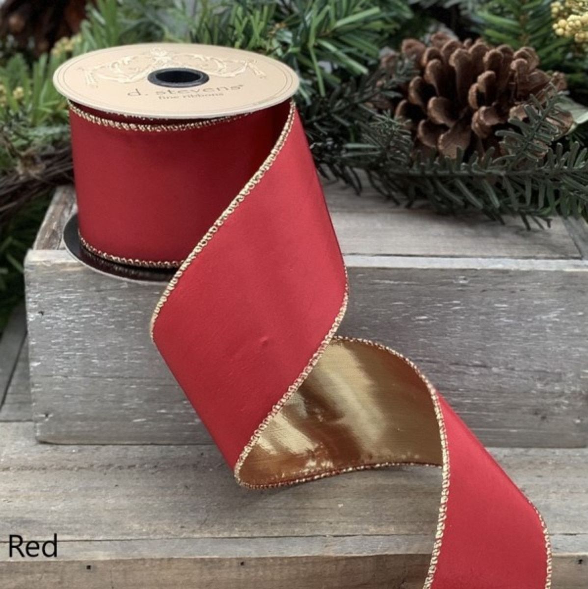 2.5" x 10yds royal taffeta gold back, red