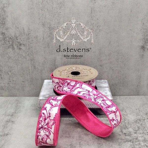 1.5" x 10yds taffeta acanthus scroll chinoiserie, pink white