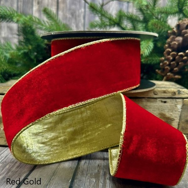2.5" X 10 Yds Vp Lush Velvet Metallic Light Gold Back, Vintage Red