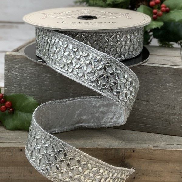 1.5" x 10yds faux metallic dupion flower crystal trellis trim, silver