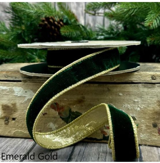 1" x 10yds lush velvet metallic light gold back, emerald