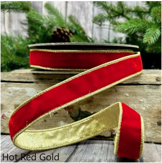 1" X 10 Yds Lush Velvet Metallic Light Gold Back, Hot Red