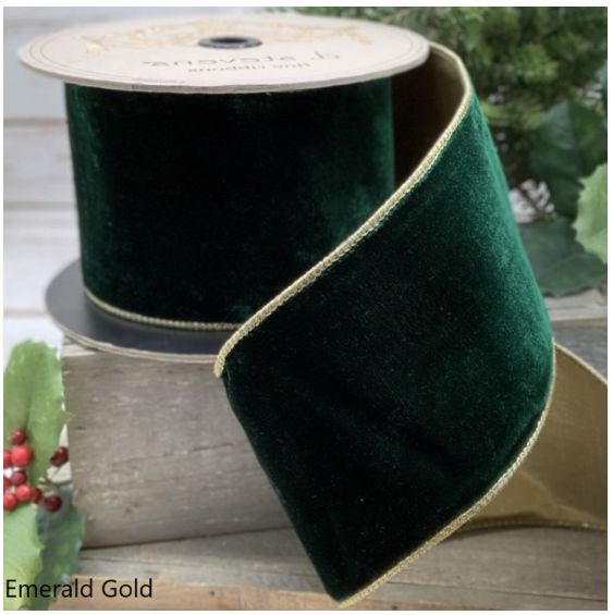 2.5" x 10yds lush velvet metallic light gold back, emerald