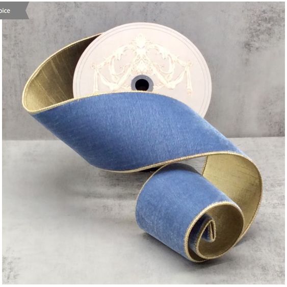 4" x 10yds lush velvet metallic light gold back, dusty blue