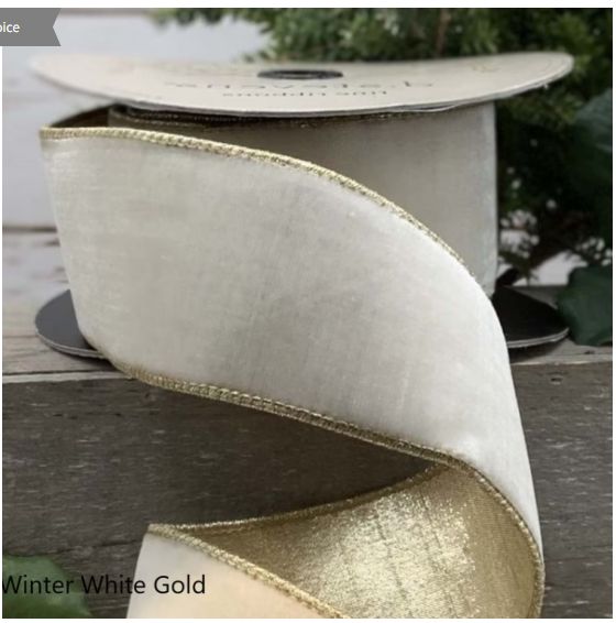 4" x 10yds lush velvet metallic light gold back, winter white