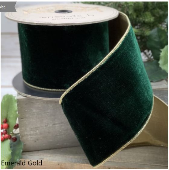 4" x 10yds lush velvet metallic light gold back, emerald