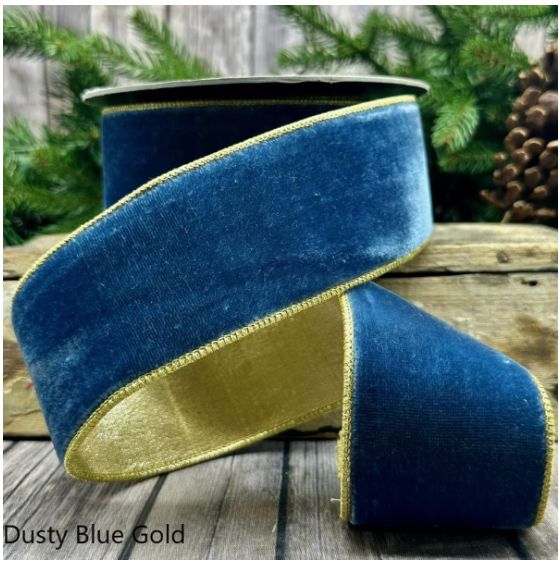 2.5" x 10yds lush velvet metallic light gold back, dusty blue