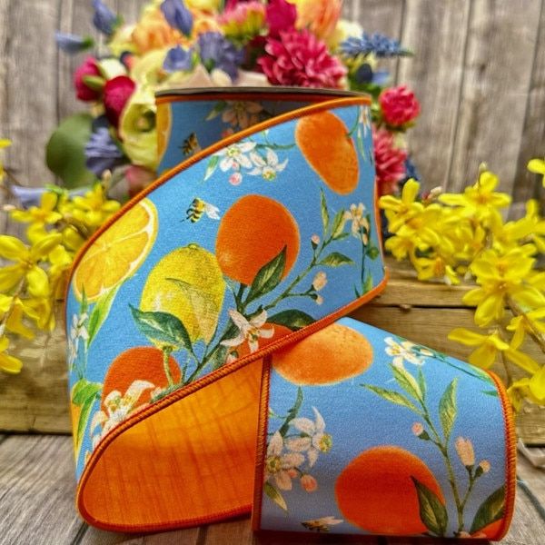4" x 10yds dupion watercolor citrus and blossoms, blue orange yellow
