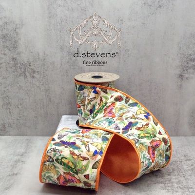 4" x 5yds poplin collage spring butterflies, yellow green orange