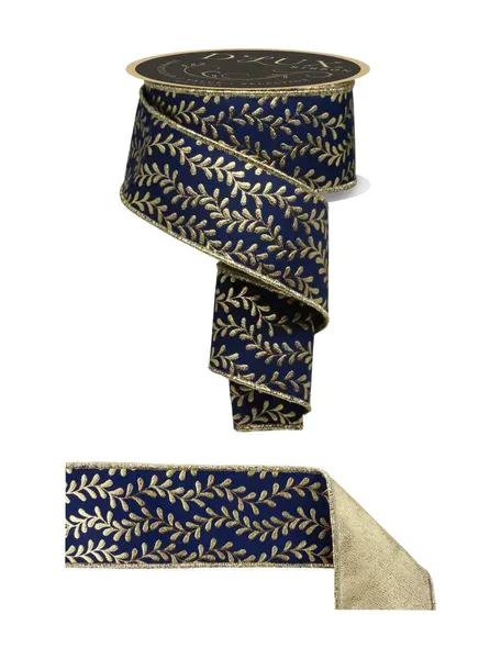 Foil Leaf Garland Ribbon NAVY BLUE/GOLD 2.5" 10 yards