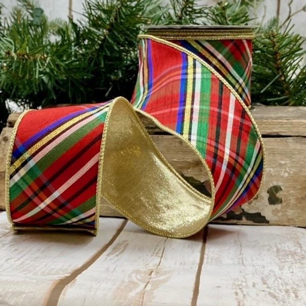 2.5" x 10yds faux dupion diagonal nutcracker plaid, blue-gold-red