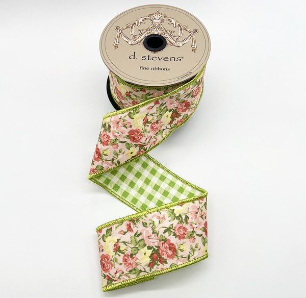 2.5" X 10 Yds Poplin Mauve Yellow Roses, Green Check Back