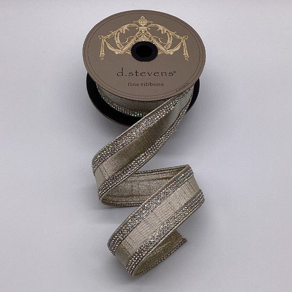 1.5" X 5 Yds Metallic Dupion Clear Crystal Jewel Stripe, Platinum