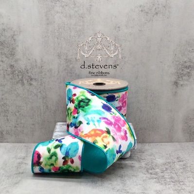 4" x 10yds dupion watercolor botanical leaves, teal pink green