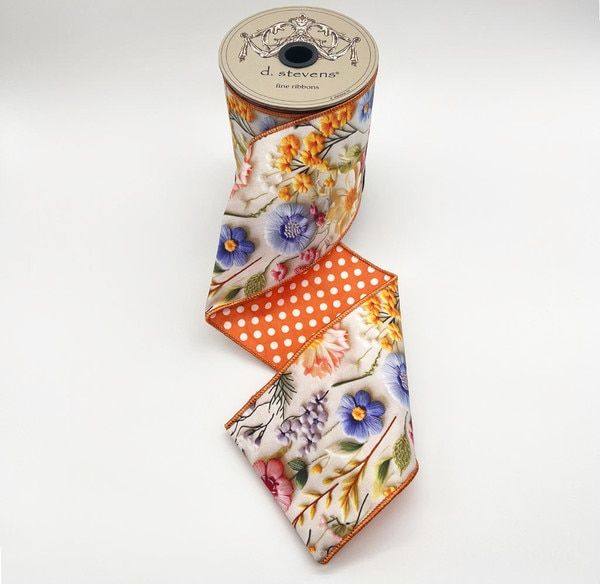 4" x 10yds poplin mix flower collage polka dot backing, orange pink blue