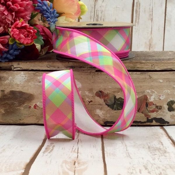 1.5" x 10yds poplin spring plaid diagonal, pink green white