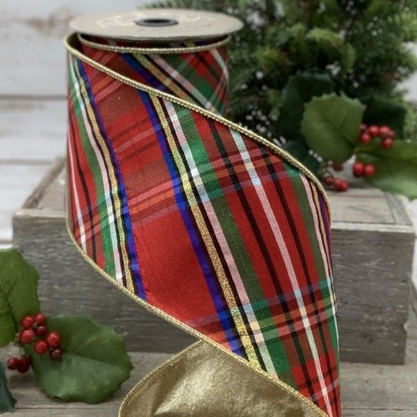 4" x 10yds faux dupion diagonal nutcracker plaid gold back, blue-gold-red NO TWO ALIKE