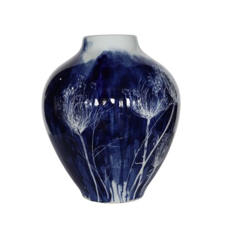DANDELION VASE 11" W X 14" H BLUE WHITE