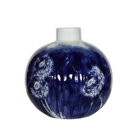DANDELION VASE 14" W X 15" H BLUE WHITE