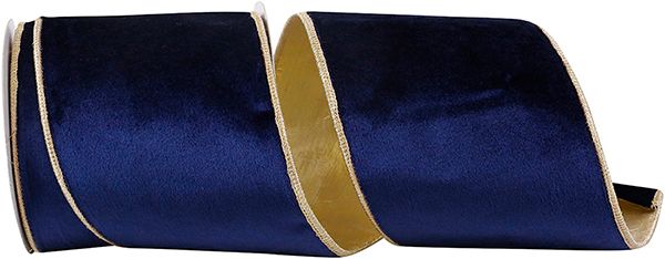 RIBBON - VELVET PLUSH ROYALE GOLD BACKED WIRED EDGE RIBBON, NAVY/GOLD, 4 INCH, 5 YARDS