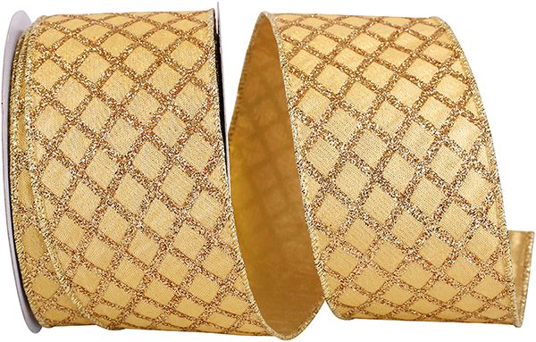 RIBBON-GLITTER DIAMOND LATTICE METALLIC SHINE WIRED EDGE RIBBON, GOLD, 2-12 INCH, 10 YARDS